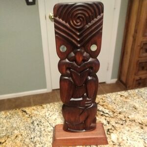 Maori Wood Signed Carving, New Zealand Tekoteko Sculpture Tiki NZ handcrafted